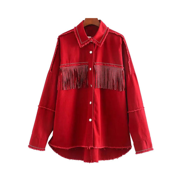 Denim Fringed Jacket Black Army Green Lavender Beige Red Or Ivory Studded Suede Fringe Frayed Edges Button Up Front Studs On Cuffs And Collar Too Available In Sizes XS Small Medium Or Large