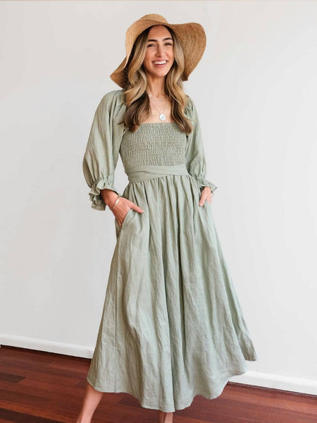 Long Puff Sleeves Maxi Dress Sage Green Wear Forwards Or Backwards Off Shoulders Or On Smocked Front Open Back Sash Waist Pockets Sizes Small Medium Large XL And Plus Size XXL 2X