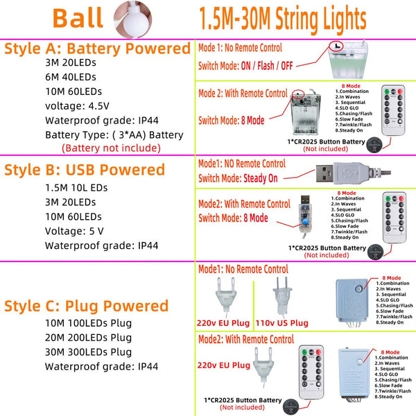 USB Battery Plug In String Lights