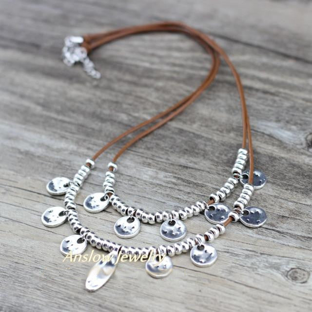 Tiered Necklace Silver Beads Genuine Leather Gypsy Hammered Coins Stacking Necklaces Two Tier Strand Statement Necklace Black Or Brown You Choose