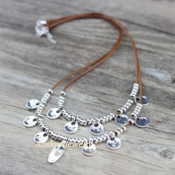 Tiered Necklace Silver Beads Genuine Leather Gypsy Hammered Coins Stacking Necklaces Two Tier Strand Statement Necklace Black Or Brown You Choose