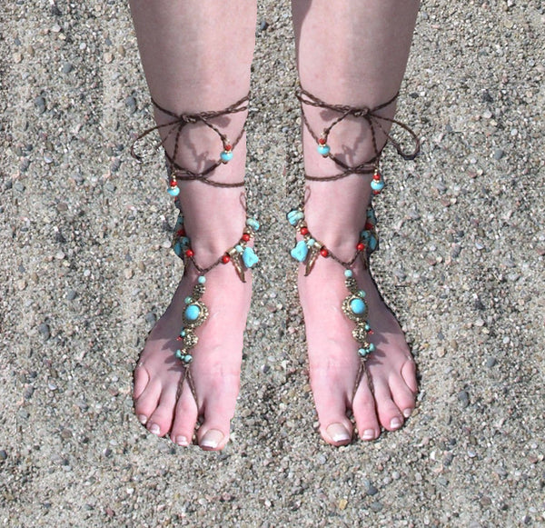 SALE 50% OFF Barefoot Sandals Turquoise Coral Silver Or Gold Conchos Feathers Beach Feet Jewelry Brown Braided Anklet Toe Ring