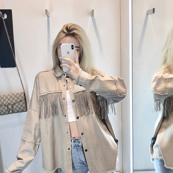 Beige Studded Denim Jacket