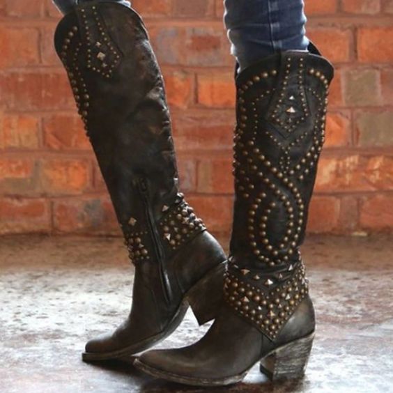 Studded Cowboy Boots For Women In Weathered Black Brown Or Burgundy Knee High Western Cowgirl Boots