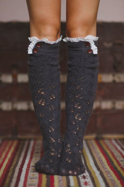 Black Lace Button Socks