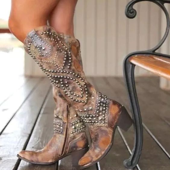 Studded Cowboy Boots For Women In Weathered Black Brown Or Burgundy Knee High Western Cowgirl Boots
