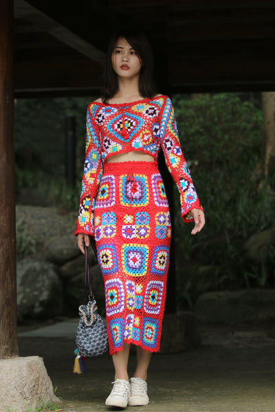 Red Granny Square Skirt Set