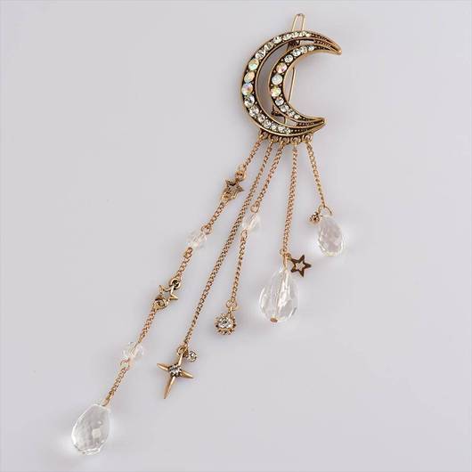 Crescent Moon Barrette Dangling Crystals Silver Gold Bronze Or Rose Gold Gypsy Hair Clip Celestial Waxing Moon Cast A Spell