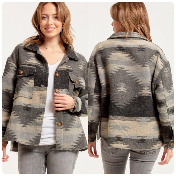 Aztec Shirt Jacket Shacket Blue & Tan Pink & Gray Or Red & Turquoise You Choose Southwestern Button Up Shirt With Pockets Boho Frayed Edges Available In Sizes Small Medium Large Or Extra Large XL