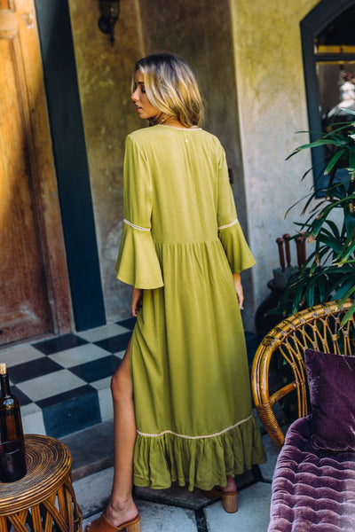 Embroidered Maxi Dress In Spring Green Burnt Orange Or Baby Pink 3/4 Bell Sleeves Tassel Ties Ruffled Hem Long Side Slits Available In Small Medium Large Or XL