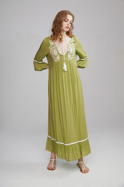 Embroidered Maxi Dress In Spring Green Burnt Orange Or Baby Pink 3/4 Bell Sleeves Tassel Ties Ruffled Hem Long Side Slits Available In Small Medium Large Or XL