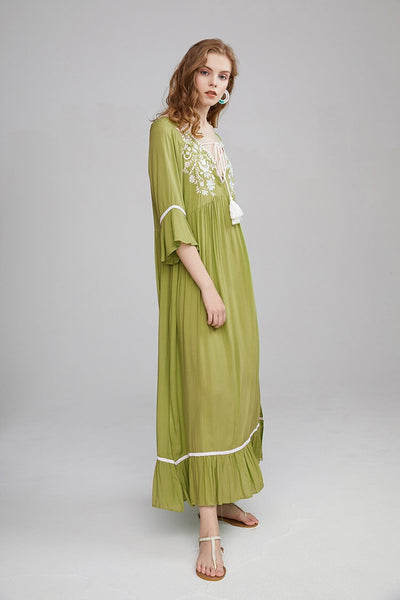 Embroidered Maxi Dress In Spring Green Burnt Orange Or Baby Pink 3/4 Bell Sleeves Tassel Ties Ruffled Hem Long Side Slits Available In Small Medium Large Or XL