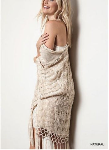 Boho Kimono Beige Natural Lace Fringe Fishnet Tassel Trim Long Light Festival Wrap XS Small Medium Large XL By Kori