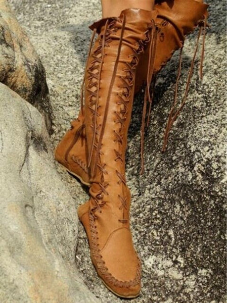 Lace Up Over The Knee Moccasins In Brown Black Red Or Pink Fitted Boots Lace Up Sides And Front Vegan Leather Tribal Native