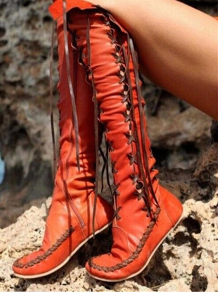 Lace Up Over The Knee Moccasins In Brown Black Red Or Pink Fitted Boots Lace Up Sides And Front Vegan Leather Tribal Native