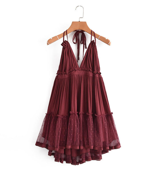 Boho Mini Dress "100 Degree" Availble In 15 Different Colors 4 Floral Prints You Choose Halter Top With Tiered Polka Dot Netting Available In Sizes Small Medium Or Large Free Spirited People