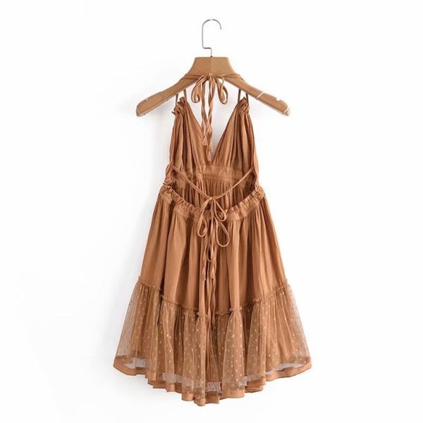 Boho Mini Dress "100 Degree" Availble In 15 Different Colors 4 Floral Prints You Choose Halter Top With Tiered Polka Dot Netting Available In Sizes Small Medium Or Large Free Spirited People