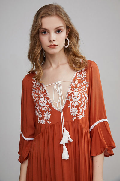 Embroidered Maxi Dress In Spring Green Burnt Orange Or Baby Pink 3/4 Bell Sleeves Tassel Ties Ruffled Hem Long Side Slits Available In Small Medium Large Or XL