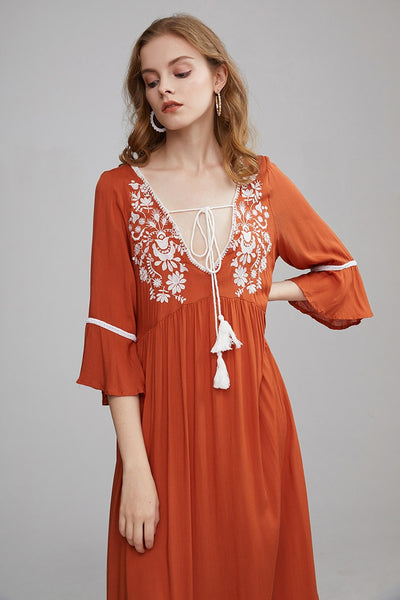 Embroidered Maxi Dress In Spring Green Burnt Orange Or Baby Pink 3/4 Bell Sleeves Tassel Ties Ruffled Hem Long Side Slits Available In Small Medium Large Or XL