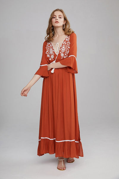 Embroidered Maxi Dress In Spring Green Burnt Orange Or Baby Pink 3/4 Bell Sleeves Tassel Ties Ruffled Hem Long Side Slits Available In Small Medium Large Or XL