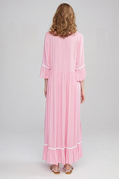 Embroidered Maxi Dress In Spring Green Burnt Orange Or Baby Pink 3/4 Bell Sleeves Tassel Ties Ruffled Hem Long Side Slits Available In Small Medium Large Or XL