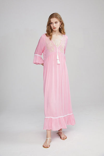 Embroidered Maxi Dress In Spring Green Burnt Orange Or Baby Pink 3/4 Bell Sleeves Tassel Ties Ruffled Hem Long Side Slits Available In Small Medium Large Or XL
