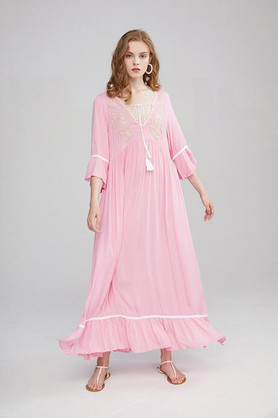 Embroidered Maxi Dress In Spring Green Burnt Orange Or Baby Pink 3/4 Bell Sleeves Tassel Ties Ruffled Hem Long Side Slits Available In Small Medium Large Or XL