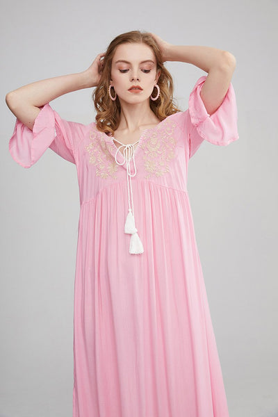 Embroidered Maxi Dress In Spring Green Burnt Orange Or Baby Pink 3/4 Bell Sleeves Tassel Ties Ruffled Hem Long Side Slits Available In Small Medium Large Or XL