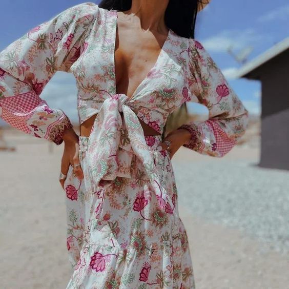 Pink Flowers Boho Skirt Set