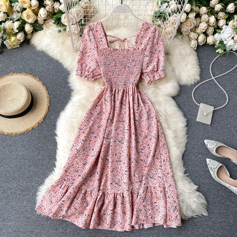 Puff Sleeve Midi Dress Bohemian Floral Print In 8 Different Colors You Choose Tiny Flowers Print Square Smocked Bust Ruffled Hem White Black Pink Blue Yellow Purple Green  Beige Red One Size