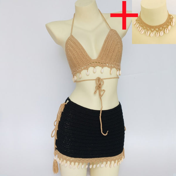 Black & Tan Skirt Set With Shells