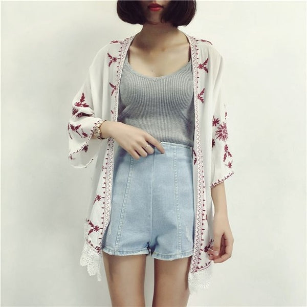 White Kimono Red Embroidery