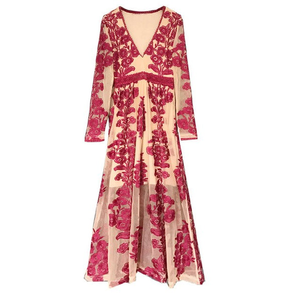Nude Maxi With Red Embroidery