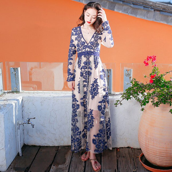 Nude Maxi With Blue Embroidery