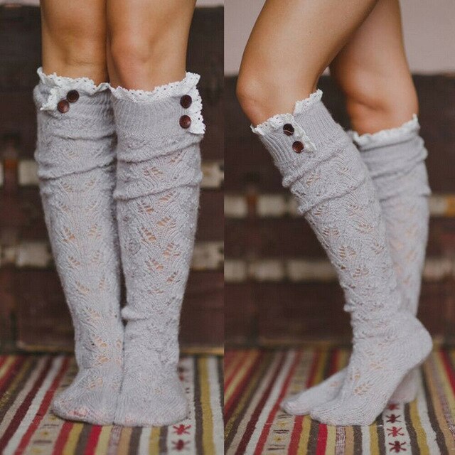 Gray Lace Buttons Socks
