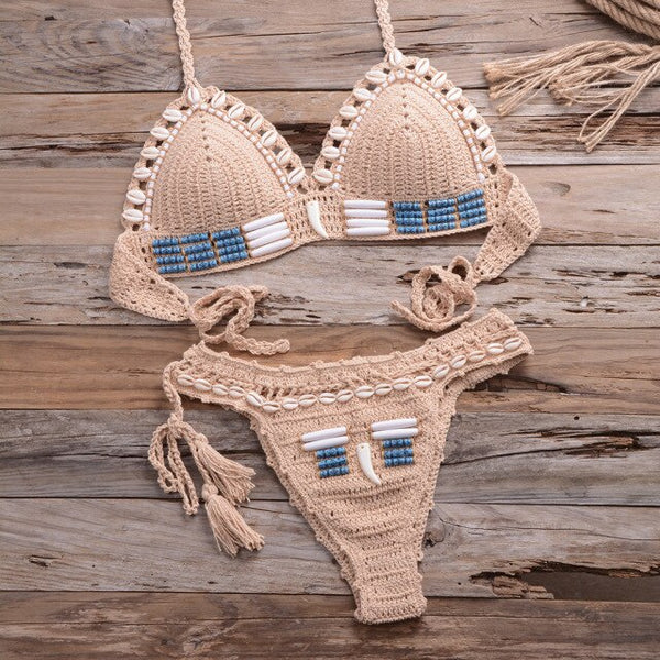 Crochet Bikini Blue White Beads