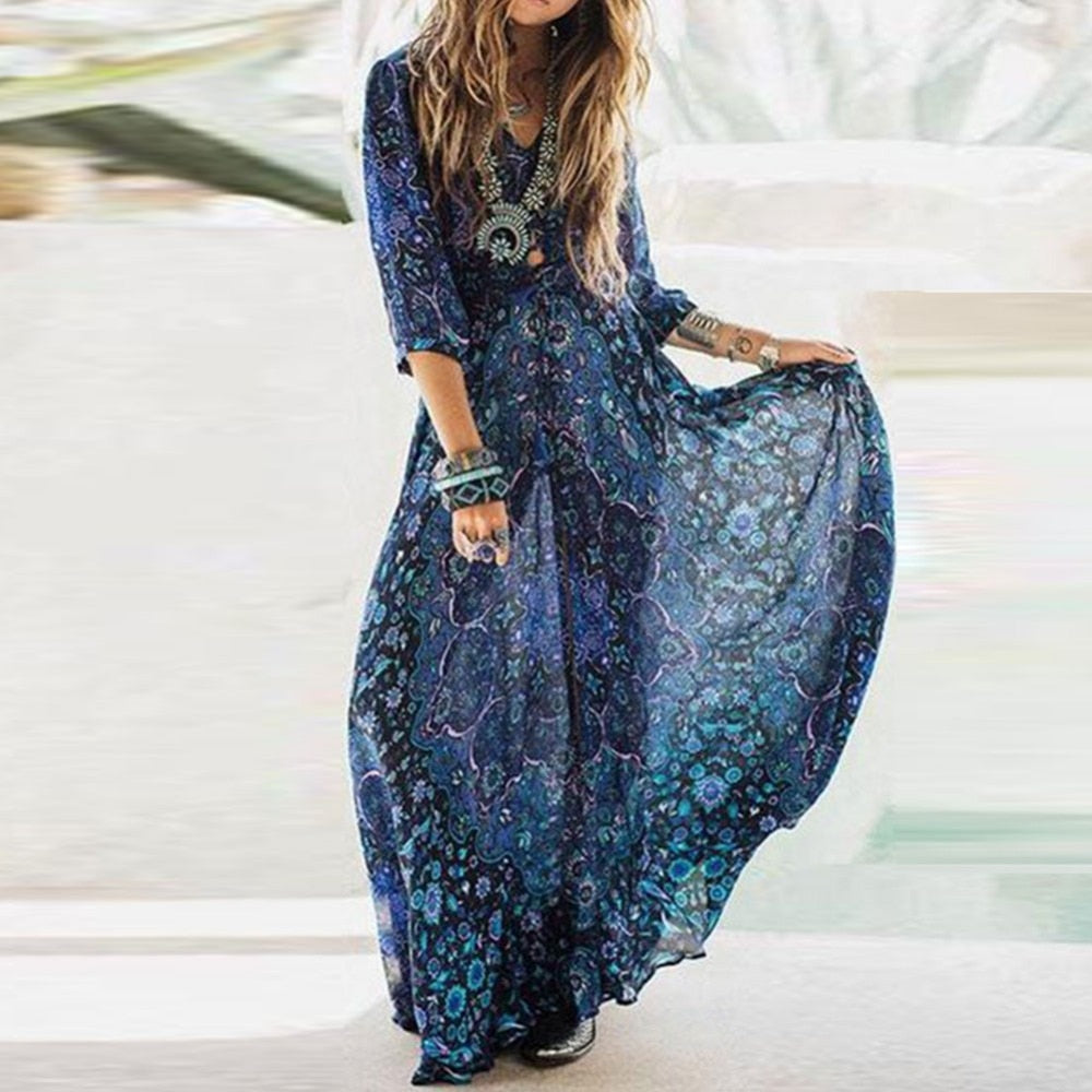 Blue Floral Boho Maxi Dress