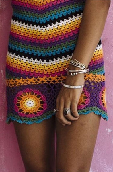 Rat & Boa Rainbow Crochet Dress "Inferno" Granny Square Hem Halter Top Festival Goddess Sizes Small Medium Or Large