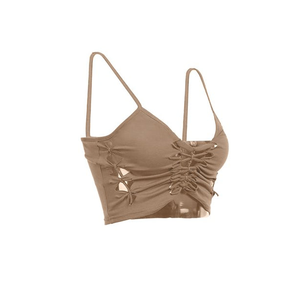 Slashed Braided Cami Mocha Light Brown Crop Top Camisole With Laced Up Front Holes Adjustable Straps Great For Festivals Rockers Perfect With Torn Up Jeans Available In Small Medium Or Large