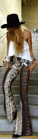 Sienna Tangler Bell Bottoms Boho Print Flare Pants Blue White Orange Bohemian Gypsy Pattern Available In Small Medium Large Or Extra Large