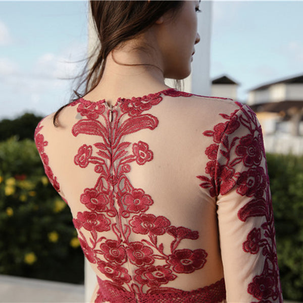 Temecula Maxi Dress Blue Or Red Embroidery Lace On Sheer Long Sleeve Deep V Neck Boho Bohemian Beach Gown Available In Sizes Small Medium Large XL And Plus Sizes XXL 2X Or XXXL 3X