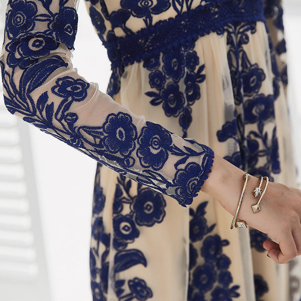 Temecula Maxi Dress Blue Or Red Embroidery Lace On Sheer Long Sleeve Deep V Neck Boho Bohemian Beach Gown Available In Sizes Small Medium Large XL And Plus Sizes XXL 2X Or XXXL 3X