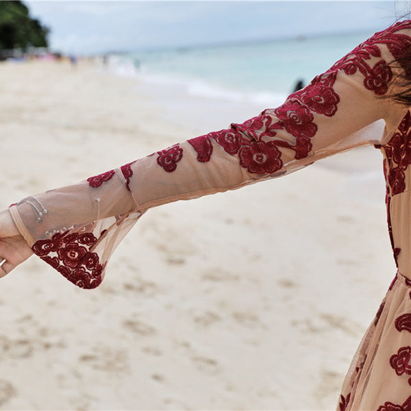 Nude Mesh Dress Red Embroidery