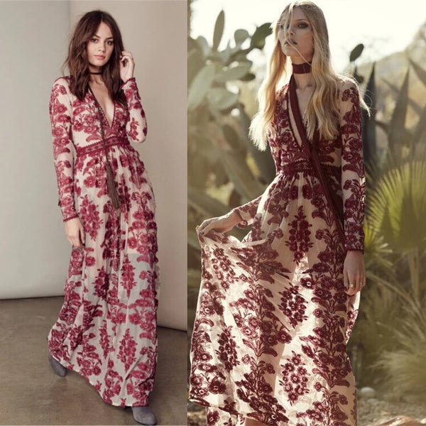 Temecula Maxi Dress Blue Or Red Embroidery Lace On Sheer Long Sleeve Deep V Neck Boho Bohemian Beach Gown Available In Sizes Small Medium Large XL And Plus Sizes XXL 2X Or XXXL 3X