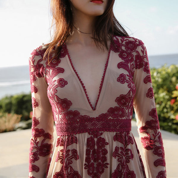 Temecula Maxi Dress Blue Or Red Embroidery Lace On Sheer Long Sleeve Deep V Neck Boho Bohemian Beach Gown Available In Sizes Small Medium Large XL And Plus Sizes XXL 2X Or XXXL 3X