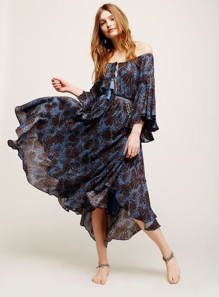 SALE 50% OFF Off The Shoulder Boho Maxi Dress "The Island Life" Bell Sleeves Lace Up Front Dark Blue And Black Print Sizes Small Medium Large Or Extra Large