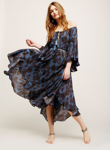 SALE 50% OFF Off The Shoulder Boho Maxi Dress "The Island Life" Bell Sleeves Lace Up Front Dark Blue And Black Print Sizes Small Medium Large Or Extra Large