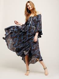 SALE 50% OFF Off The Shoulder Boho Maxi Dress "The Island Life" Bell Sleeves Lace Up Front Dark Blue And Black Print Sizes Small Medium Large Or Extra Large
