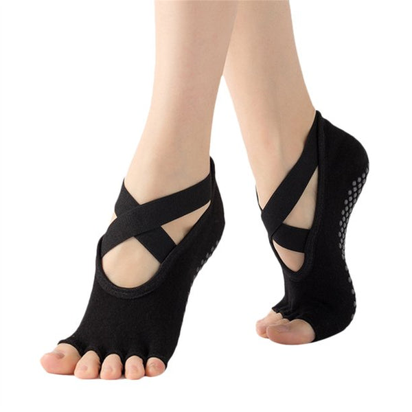 Yoga Socks With Toes Open Toes Or Ballet Slipper Style No Slip Grips Criss Cross Elastic Straps Non Skid Nude Black Light Gray Wine Red Purple Charcoal Or Baby Pink
