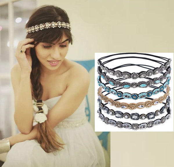 Seed Bead Headbands In 17 Different Styles You Choose Turquoise Gold Black Silver White Rhinestones Pearls Marquis Stones India Style Hippie Head Bands